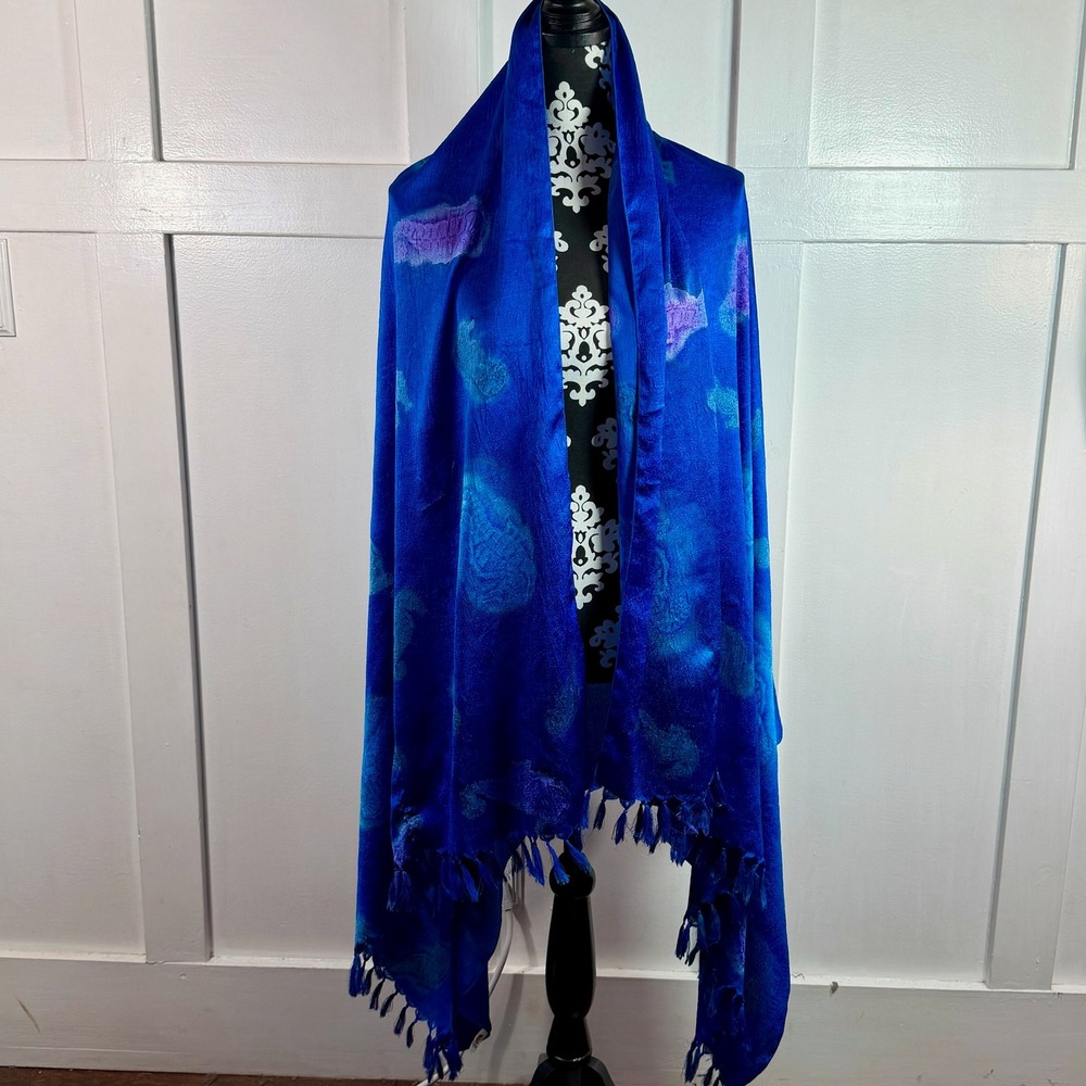 Rima Blue Paisley Print Tassel Shawl Wrap Scarf